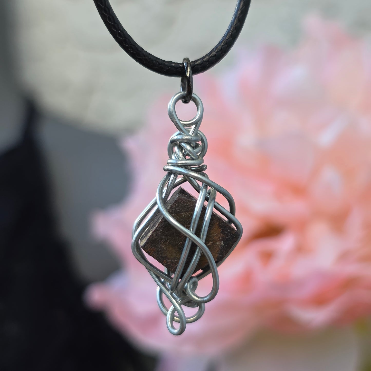 Limonite after Pyrite Necklace, Raw Stone Wire Wrapped Pendant with Black Cord, Pseudomorph Mineral Jewelry