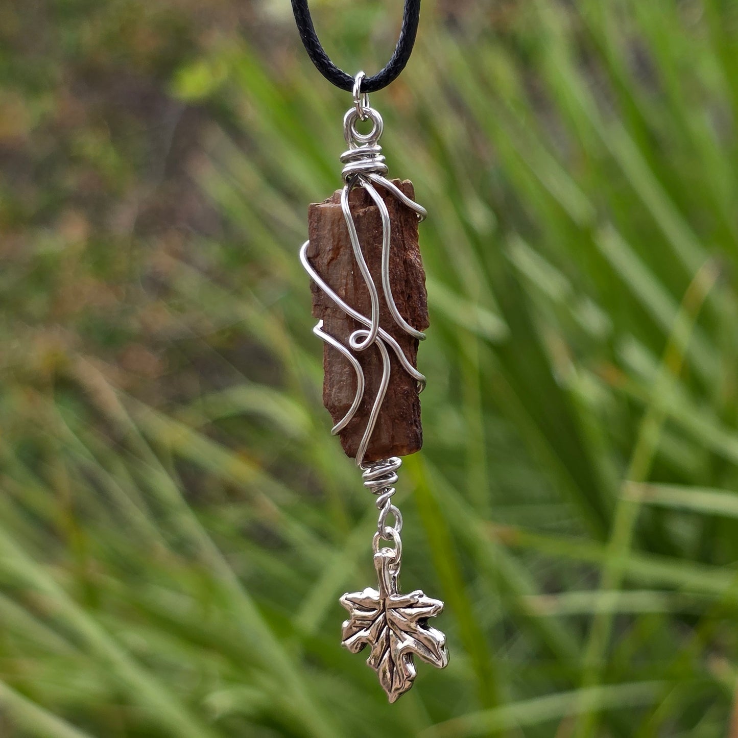 Wire Wrapped Petrified Wood Pendant with Metal Leaf Charm | Unisex Necklace | Nature Lover Gift