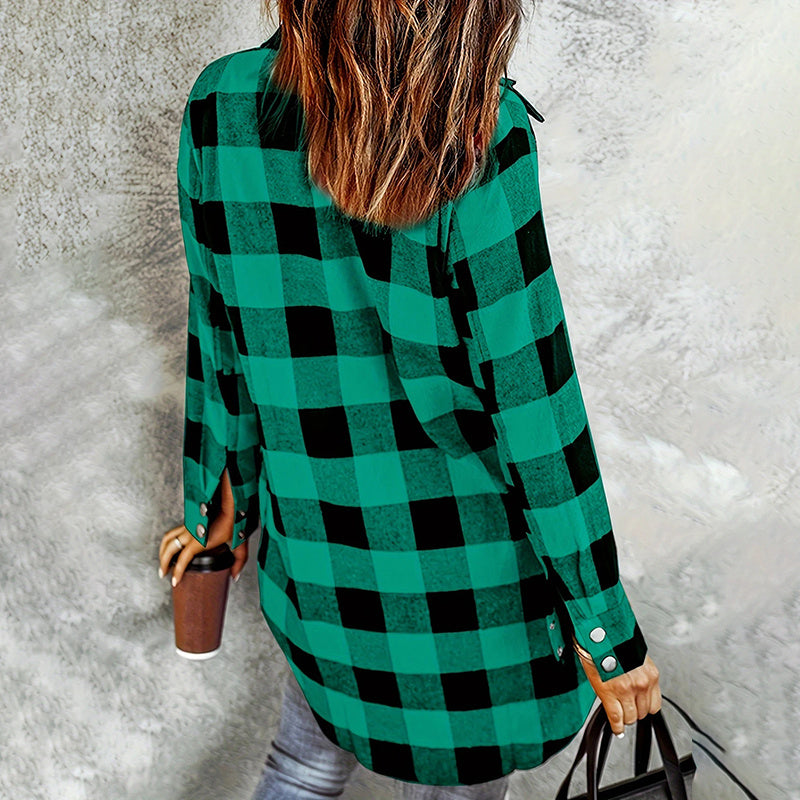 Women's Long Sleeve Plaid Print Button Front Casual Shirt For Spring & Fall