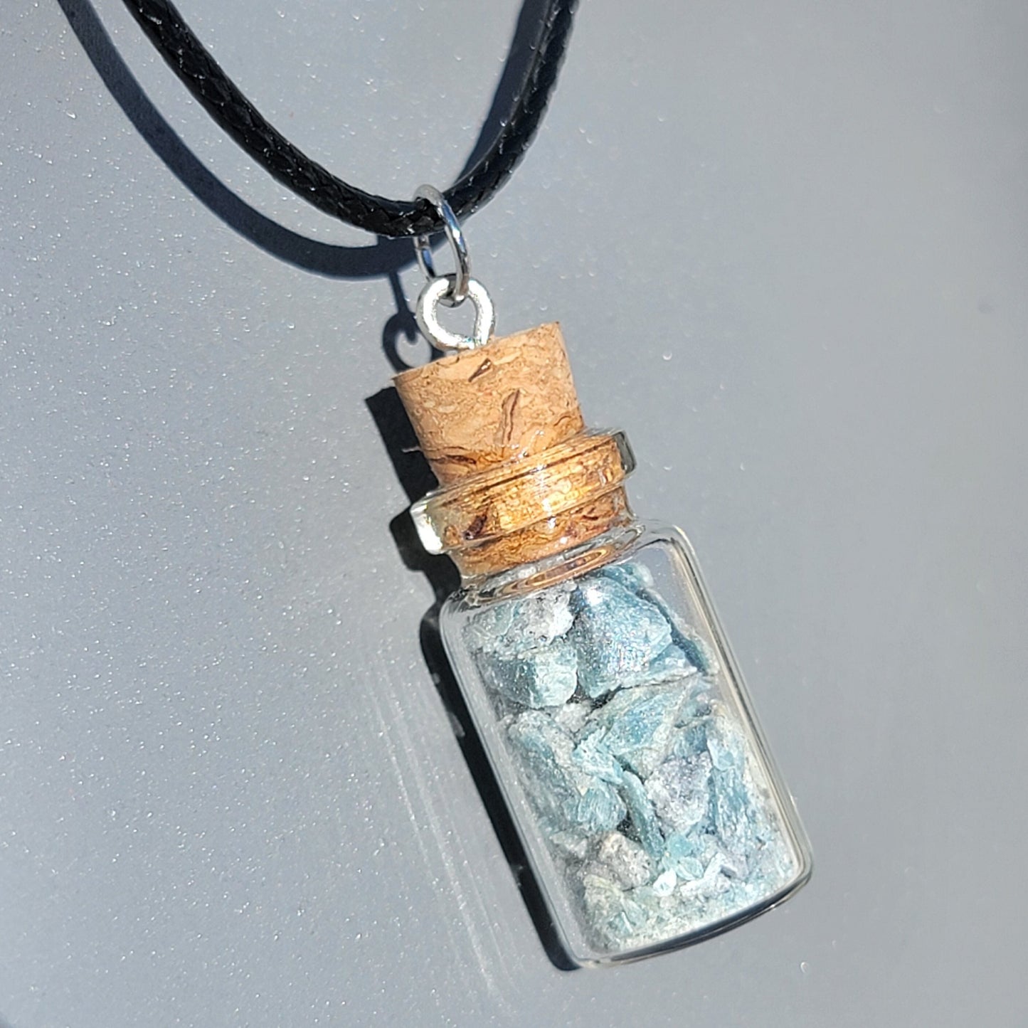 Blue Kyanite Ore Bottle Necklace, Natural Stones from California Jar Pendant - Jewelry for Rockhounds, Crystal Healing, or Nature Lovers
