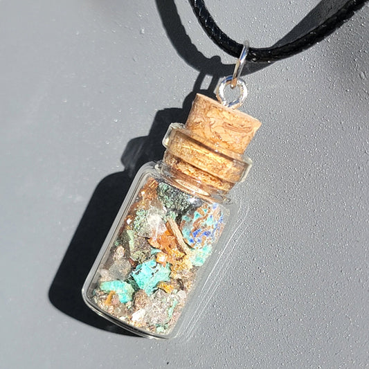 Arizona Desert Crystal Mix Glass Jar Necklace | Raw Stone Jewelry | Rock Pendant | Rockhound Geology Gift | Wulfenite, Chrysocolla, Quartz