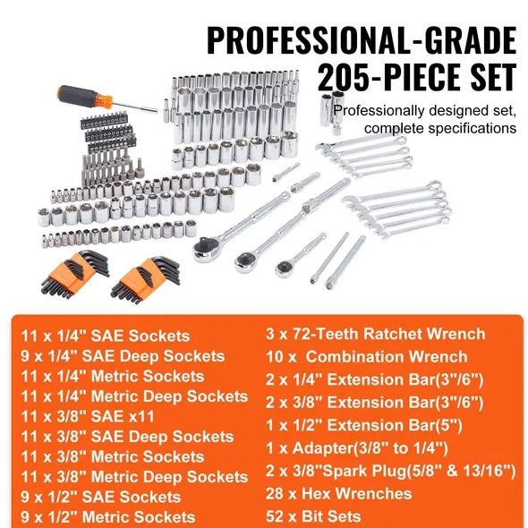 VEVOR Mechanical Tool Kit | 205-Piece Heavy-Duty Mechanics Set