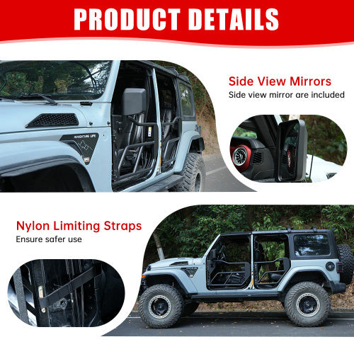 Tube Doors with Side View Mirrors For 2018–2024 Jeep Wrangler JL/JLU &amp; Gladiator JT (4-Door, Including 4XE)