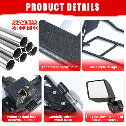 Tube Doors with Side View Mirrors For 2018–2024 Jeep Wrangler JL/JLU &amp; Gladiator JT (4-Door, Including 4XE)