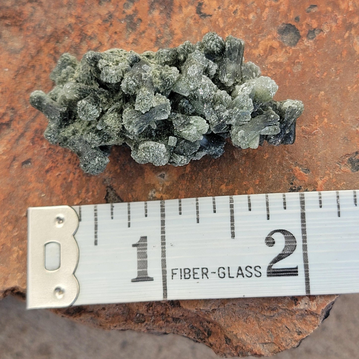 Prehnite Mineral Specimen from Boulemane, Morocco, with Actinolite and Natural Hole, Dark Green Bowtie Shaped Crystals | 18.42g