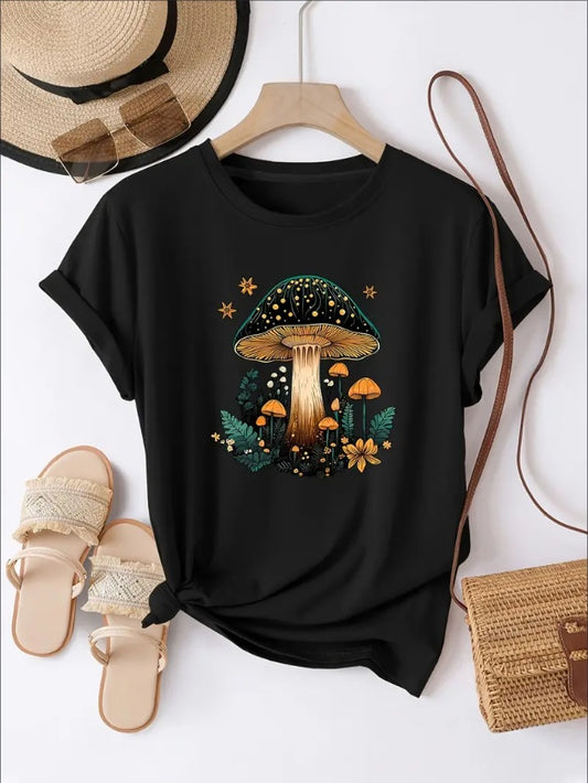 Mushroom & Star Print T-Shirt – Whimsical Comfort for Outdoor Wanderers and Everyday Dreamers