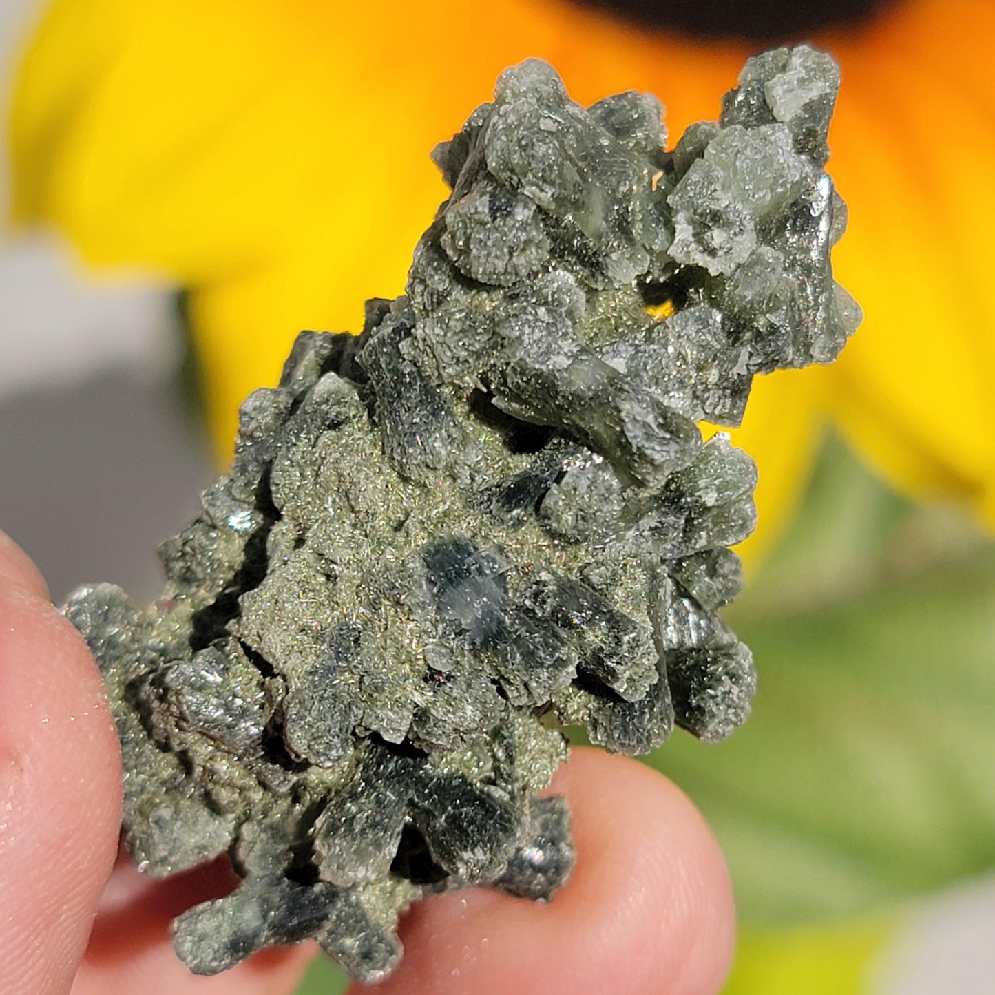 Prehnite Mineral Specimen from Boulemane, Morocco, with Actinolite and Natural Hole, Dark Green Bowtie Shaped Crystals | 18.42g