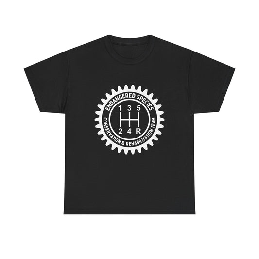 Manual Transmission Stick Shift Humor Tee - Endangered Species Conservation & Rehabilitation Team - White Print