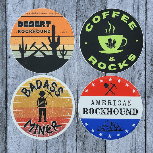 Geology Stickers | Coffee & Rocks, American Rockhound, Badass Miner, Desert Rockhound | 4 Choices | Unique Gift for Rock and Mineral Lovers