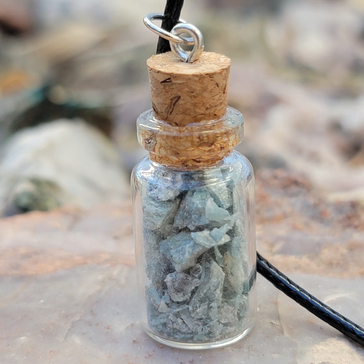 Blue Kyanite Ore Bottle Necklace, Natural Stones from California Jar Pendant - Jewelry for Rockhounds, Crystal Healing, or Nature Lovers