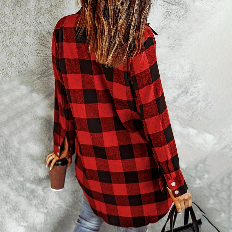Women's Long Sleeve Plaid Print Button Front Casual Shirt For Spring & Fall