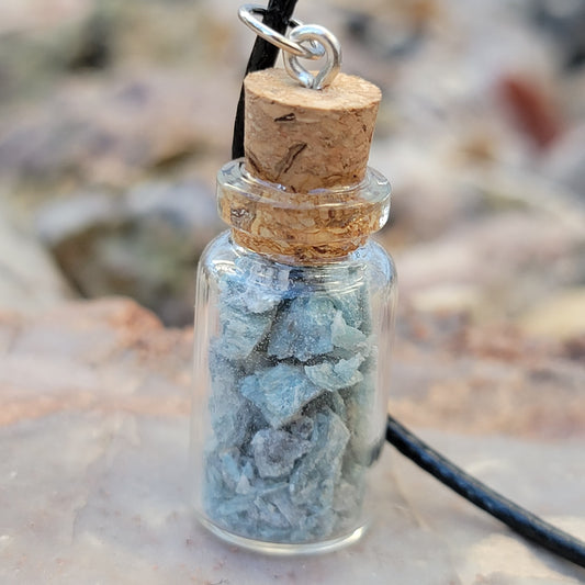 Blue Kyanite Ore Bottle Necklace, Natural Stones from California Jar Pendant - Jewelry for Rockhounds, Crystal Healing, or Nature Lovers