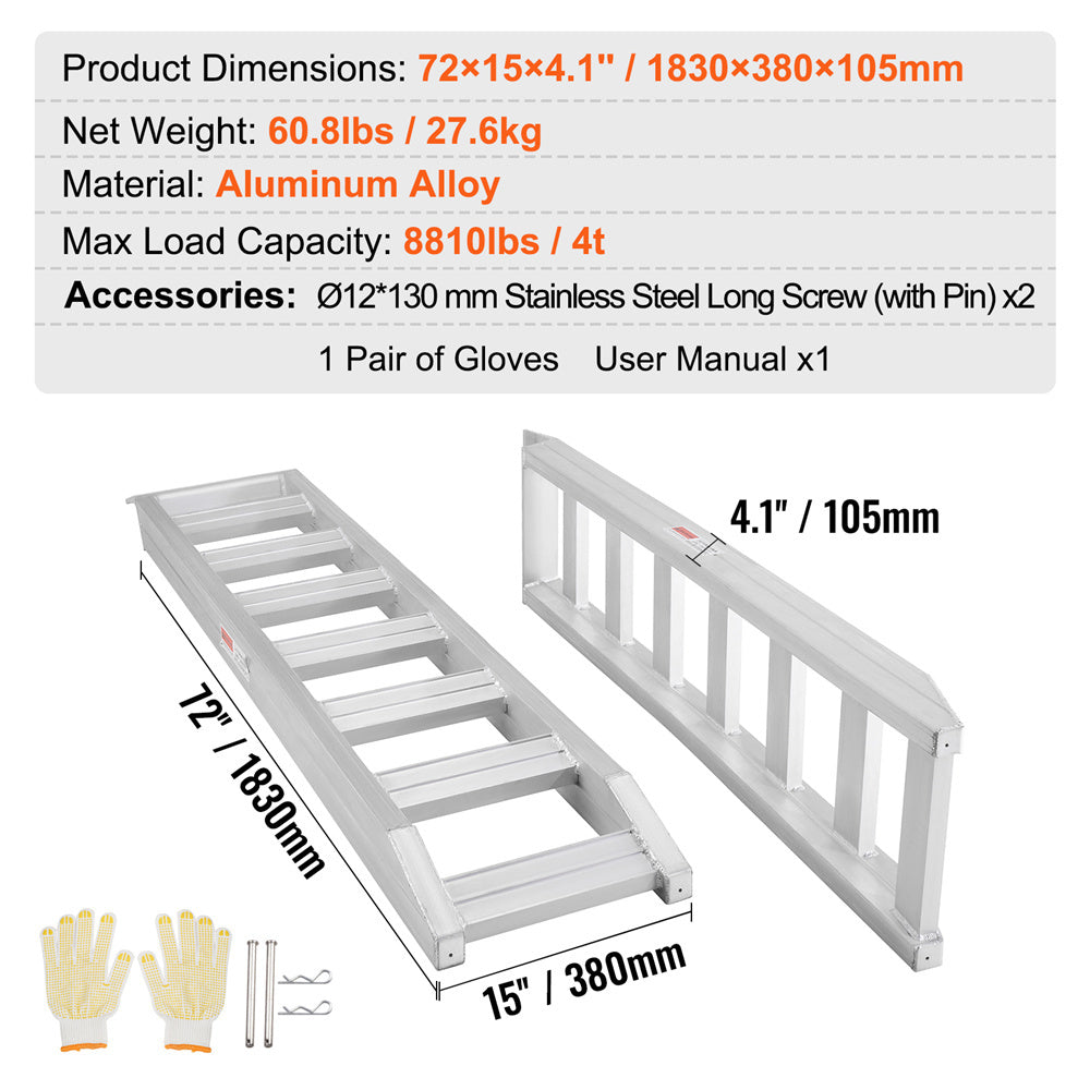 Heavy-Duty Aluminum Ramps – 8810 lbs Capacity, Universal Loading Ramp for Motorcycle, ATV, UTV, Tractor &amp; More (72"x15", 2-Pack)