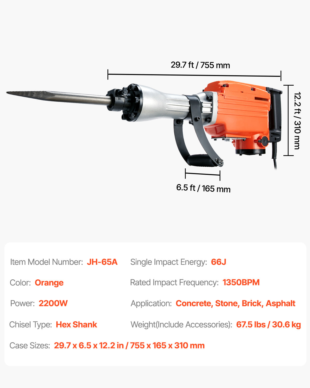 VEVOR 2200W Demolition Jack Hammer | Rock &Concrete Breaker with 6 Chisel Bits