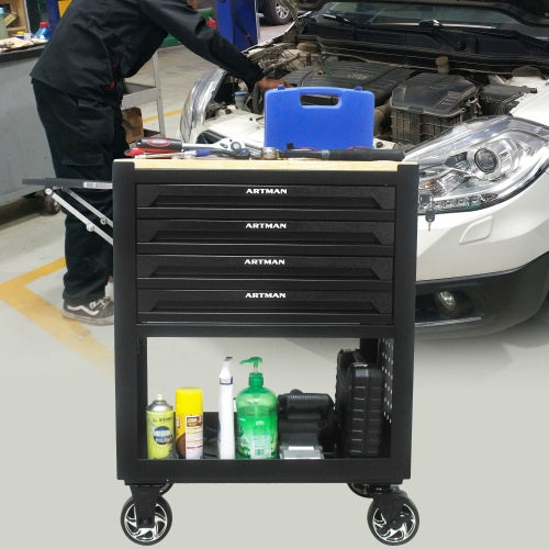 4-Drawer Multifunctional Tool Cart with Wheels & Wooden Top Heavy-Duty Mobile Storage for Tools, Rocks & Lapidary Gear