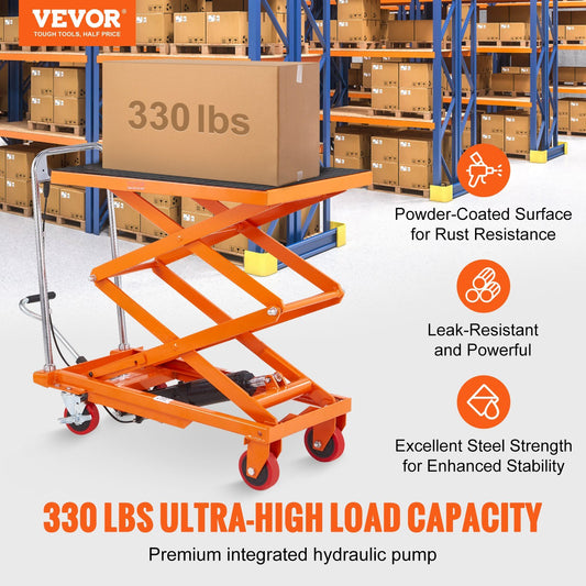 Hydraulic Lift Table Cart 330 lbs Capacity, Orange Powder-Coated Heavy-Duty Scissor Lift Cart