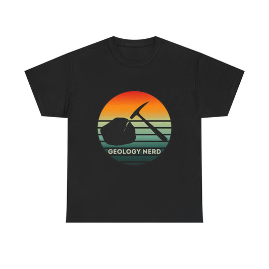 Geology Nerd Unisex Heavy Cotton Tee | Silhouette Sunset Rock Hammer | Perfect for Rock Lovers, Science Buffs, Casual Outfits, Gift for Geologists, Excursion Wear
