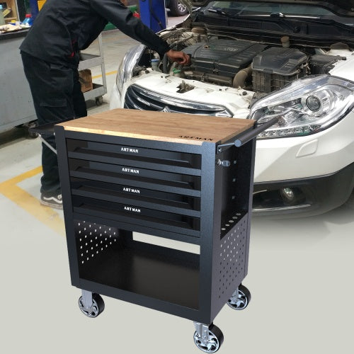 4-Drawer Multifunctional Tool Cart with Wheels & Wooden Top Heavy-Duty Mobile Storage for Tools, Rocks & Lapidary Gear