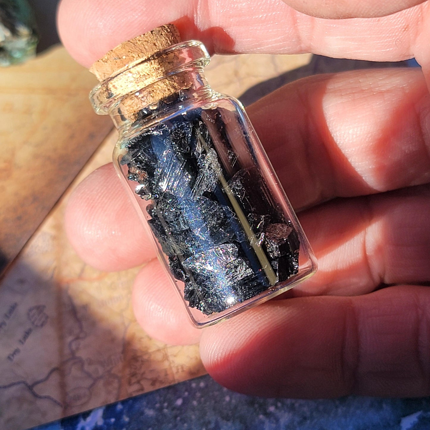 Black Tourmaline Crystals in Glass Bottle, Raw Rough Natural Schorl Rock Pieces, Small Geology Gift