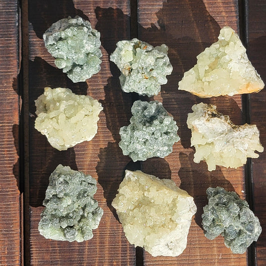 Rough Prehnite Mineral Specimens from Boulemane, Imilchil, Morocco - Wholesale Lot 9 Pieces, 439 Grams, Dark Green and Light Green Crystals