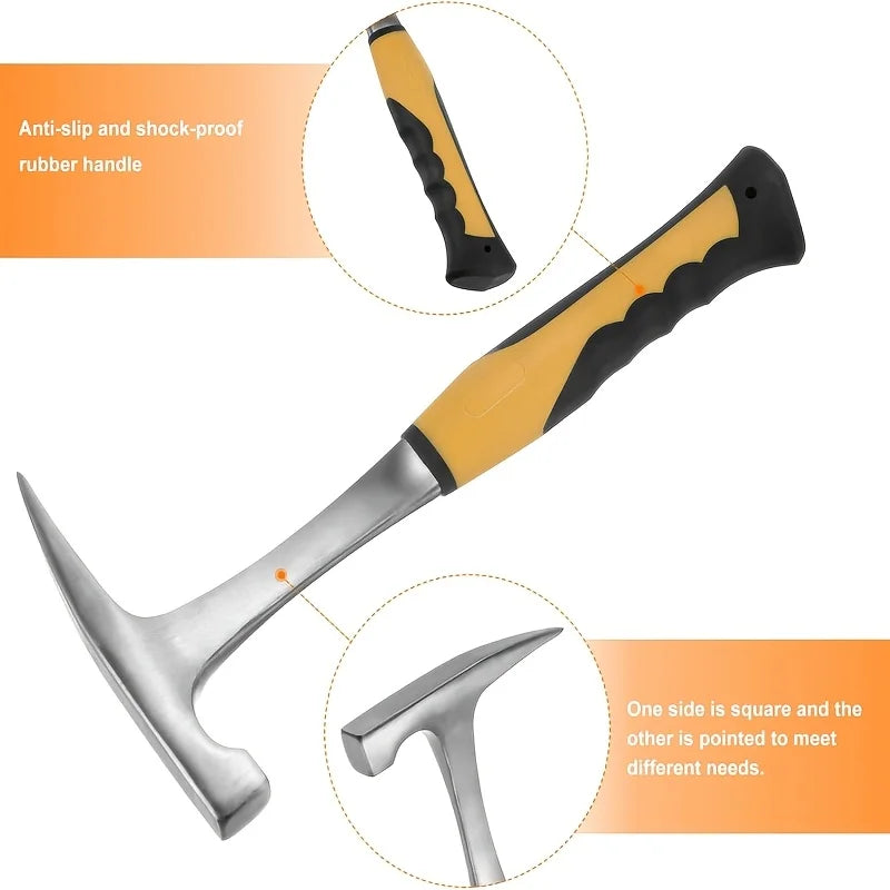 1pc High Carbon Steel Rock Pick Hammer, All-Steel Geological Claw Hammer with Non-Slip Rubber Handle, Brushed Finish
