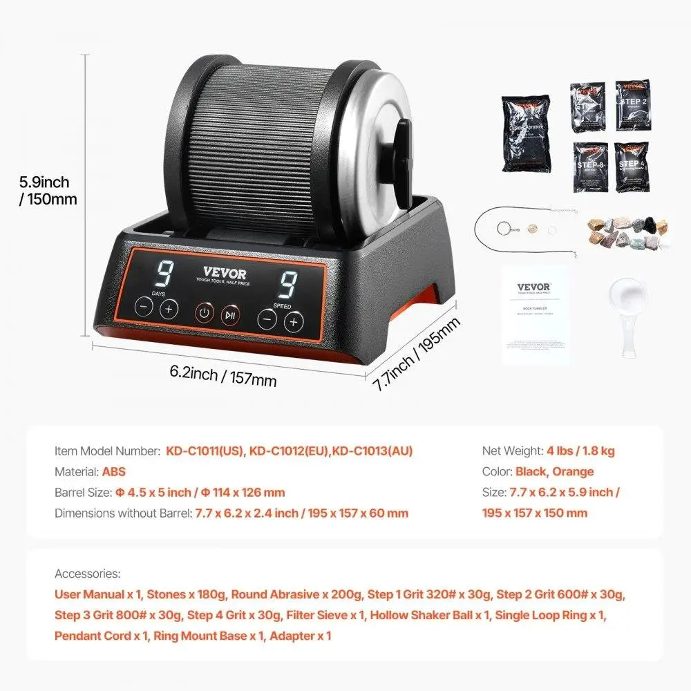 Rock Tumbler Kit 2.5 lbs 9 Speeds 9 Day Timer with Grits