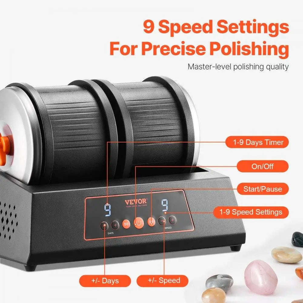 Rock Tumbler 8LB Rock Polishing Kit 9 Speeds 9 Day Timer Dual Barrels