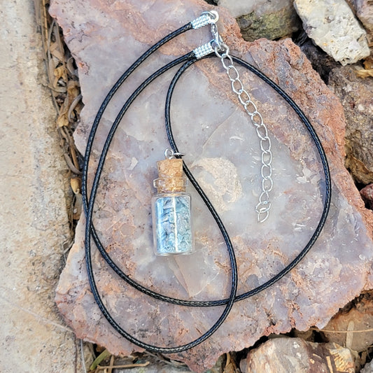 Blue Kyanite Ore Bottle Necklace, Natural Stones from California Jar Pendant - Jewelry for Rockhounds, Crystal Healing, or Nature Lovers