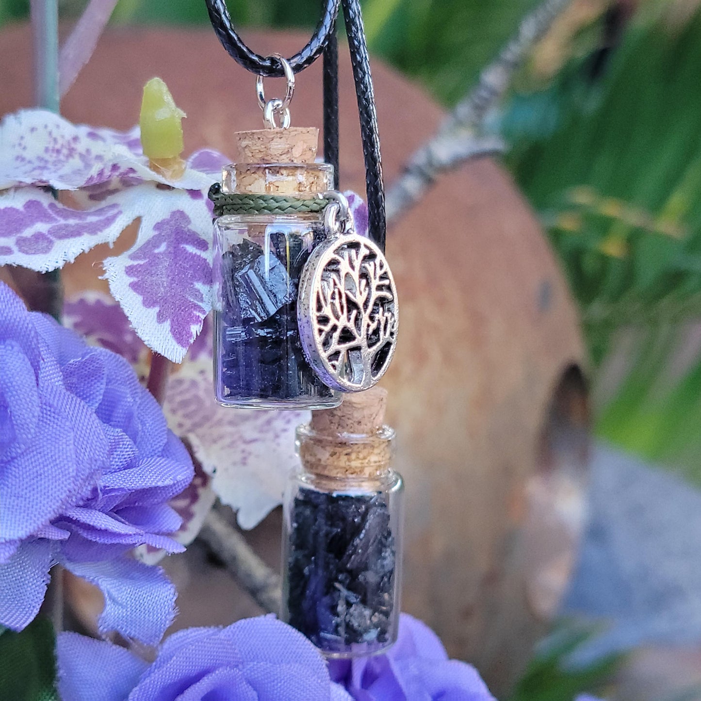 Black Tourmaline Necklace | Schorl Crystals in Bottle | Grounding Pendant with Tree of Life | Natural Rock and Mineral Jewelry