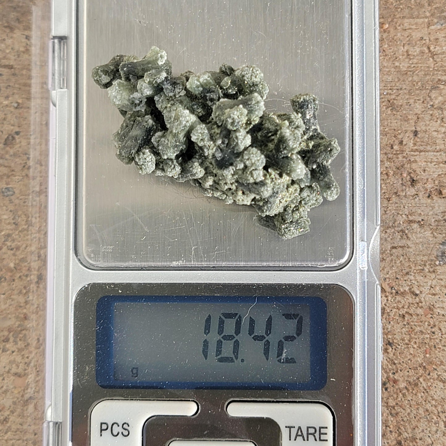 Prehnite Mineral Specimen from Boulemane, Morocco, with Actinolite and Natural Hole, Dark Green Bowtie Shaped Crystals | 18.42g