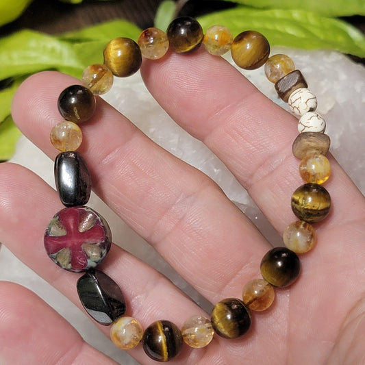 Handmade Tiger’s Eye and Citrine Beaded Bracelet - Red Greek Cross Centerpiece, Hematite, Howlite & Wood Accents - 7.5” Stretch