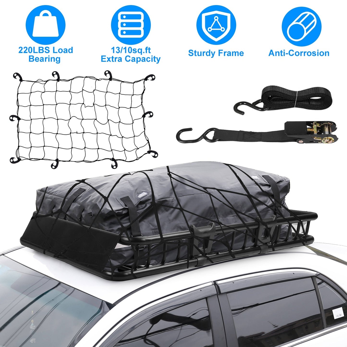 Universal 63"x39" Steel Roof Rack Cargo Carrier Heavy-Duty Car Top Luggage Basket with Hook Straps & Elastic Net