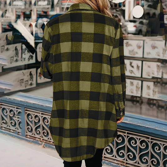 Women's Long Sleeve Plaid Print Button Front Casual Shirt For Spring & Fall