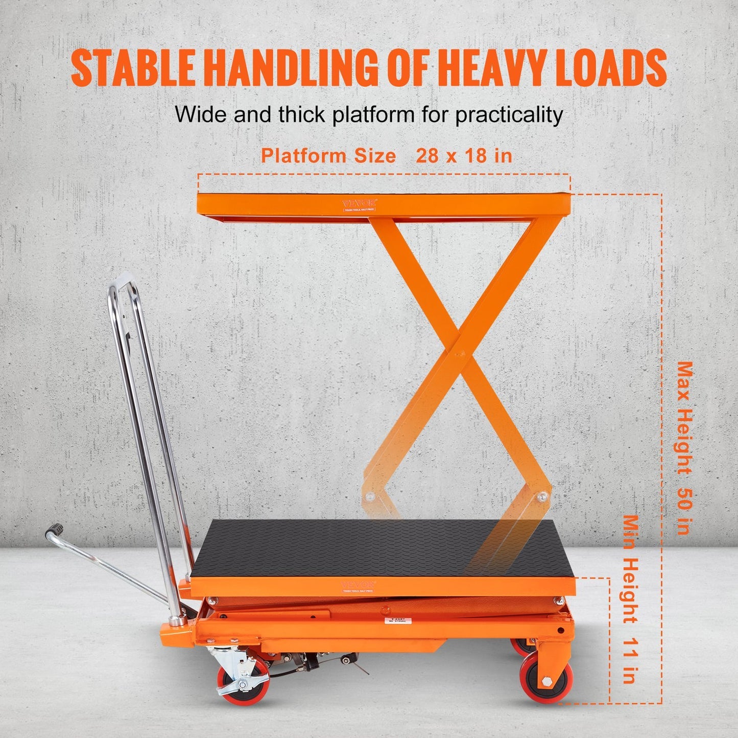 Hydraulic Lift Table Cart 330 lbs Capacity, Orange Powder-Coated Heavy-Duty Scissor Lift Cart