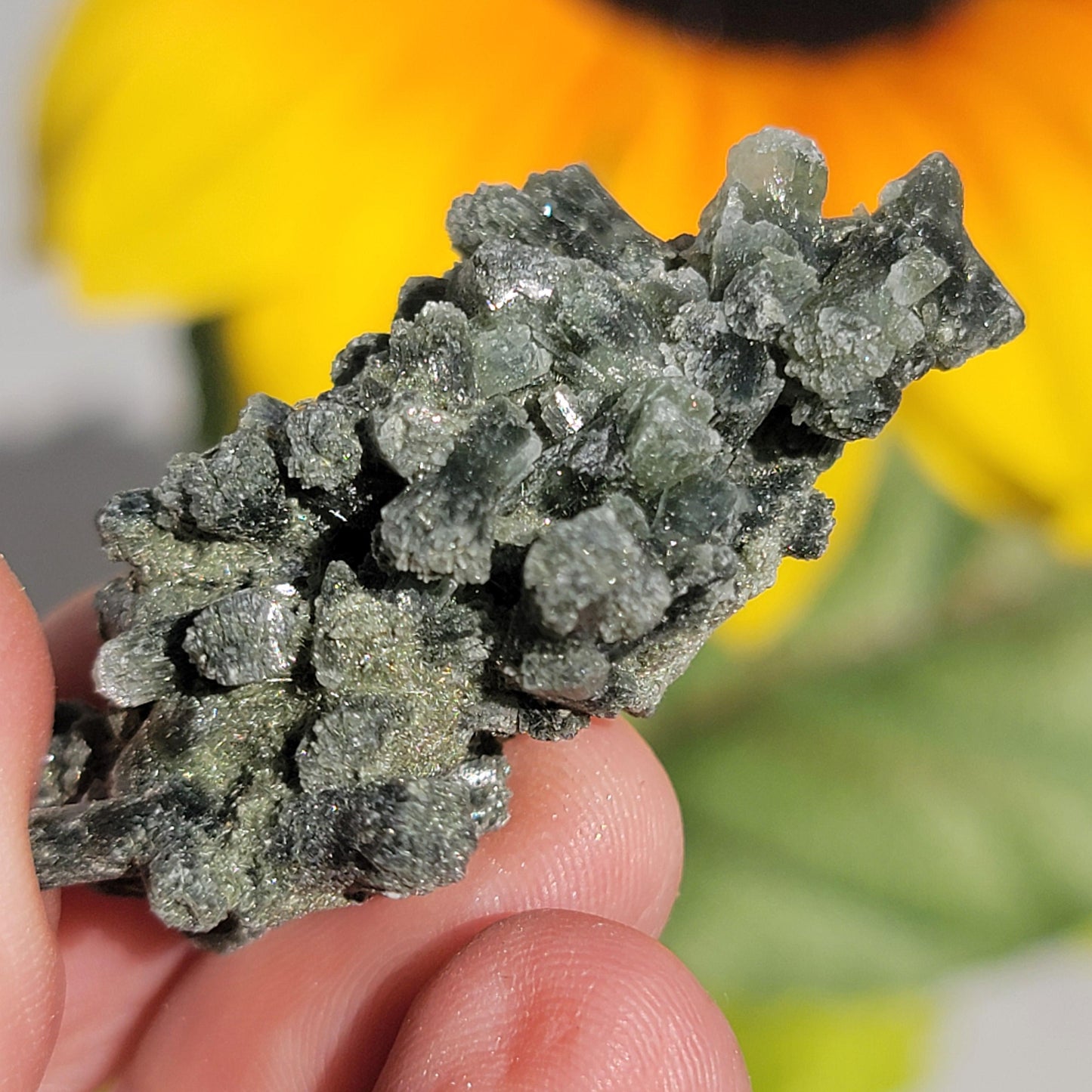 Prehnite Mineral Specimen from Boulemane, Morocco, with Actinolite and Natural Hole, Dark Green Bowtie Shaped Crystals | 18.42g