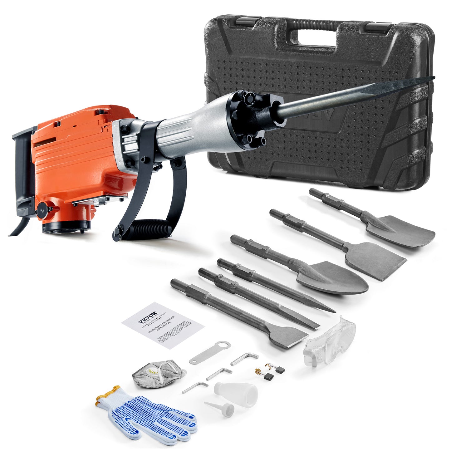 VEVOR 2200W Demolition Jack Hammer | Rock &Concrete Breaker with 6 Chisel Bits