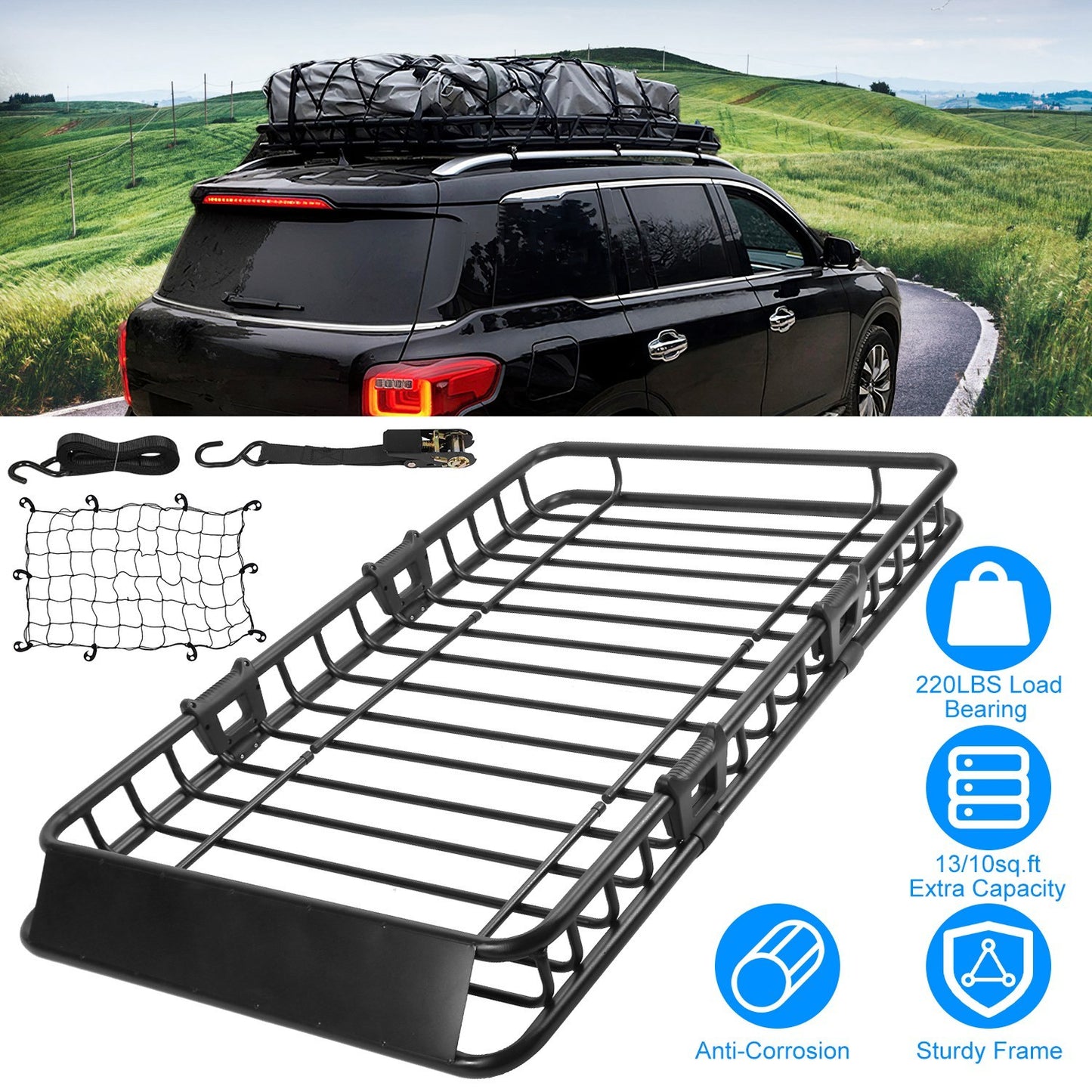 Universal 63"x39" Steel Roof Rack Cargo Carrier Heavy-Duty Car Top Luggage Basket with Hook Straps & Elastic Net