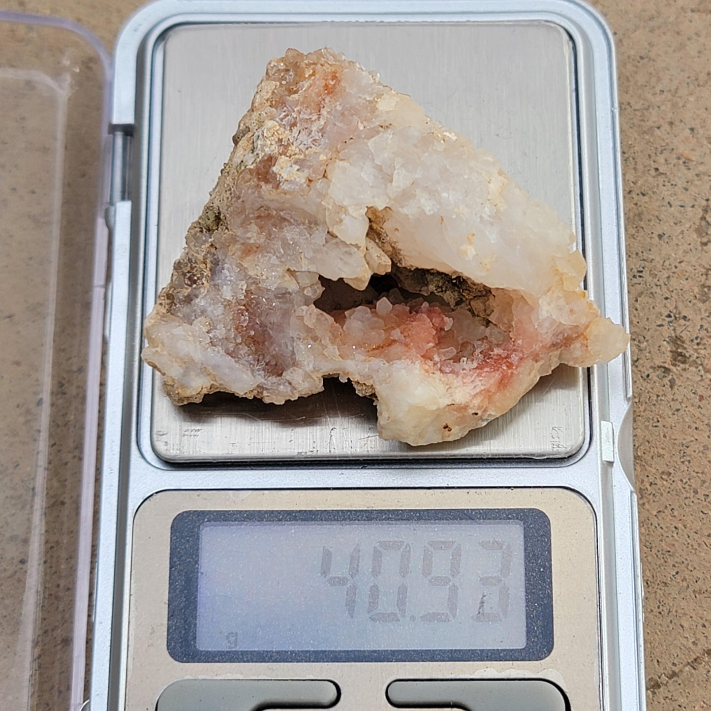 Natural Quartz Geode with Beautiful Crystal Points & Hole | Mule Mountains, California |  Pink and White Raw Stone, Display Mineral Specimen