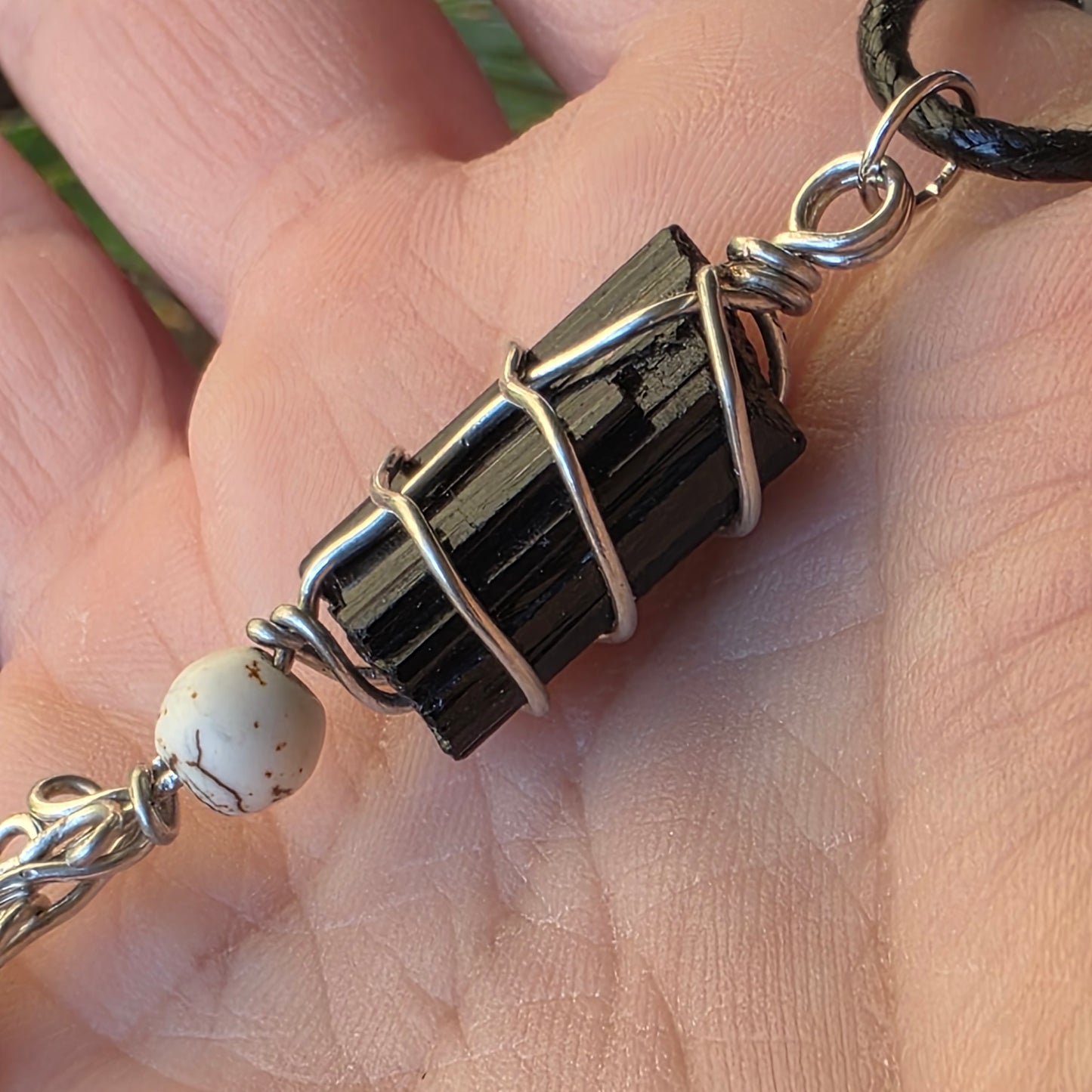 Raw Black Tourmaline Necklace with Skull Charm: Wire Wrapped Schorl Goth Emo Pendant
