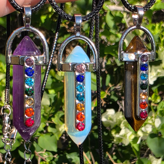 Rainbow Chakra Gemstone Necklace - Amethyst, Tiger's Eye, or Opalite Pendant
