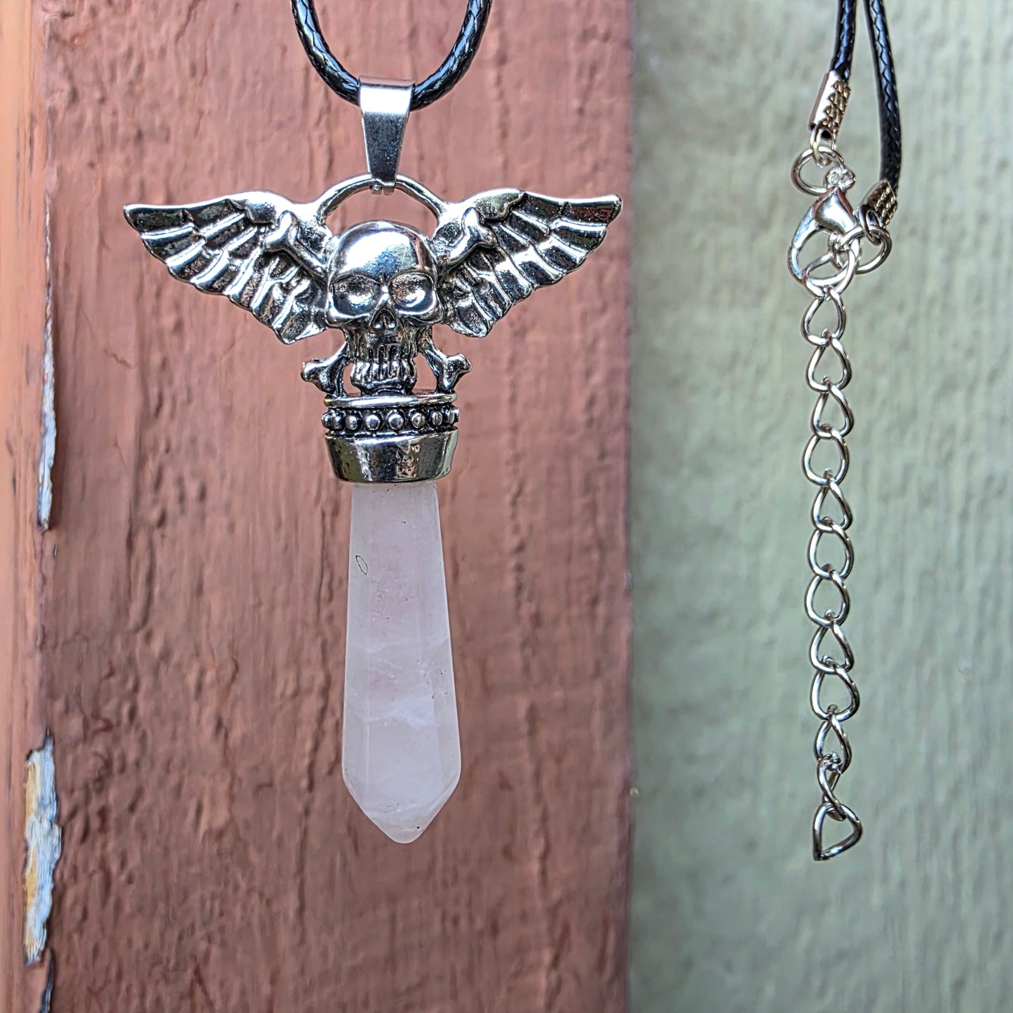 Rose Quartz Metal Winged Skull Necklace - Unisex Gemstone Crystal Pendant - Whimsical Gothic Style Jewelry