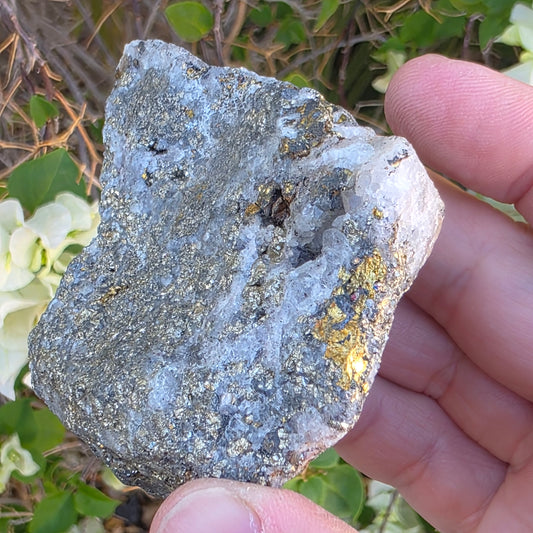 Rough Pyrite and Chalcopyrite on Quartz Rock Specimen from Morocco | Sparkly Fool's Gold