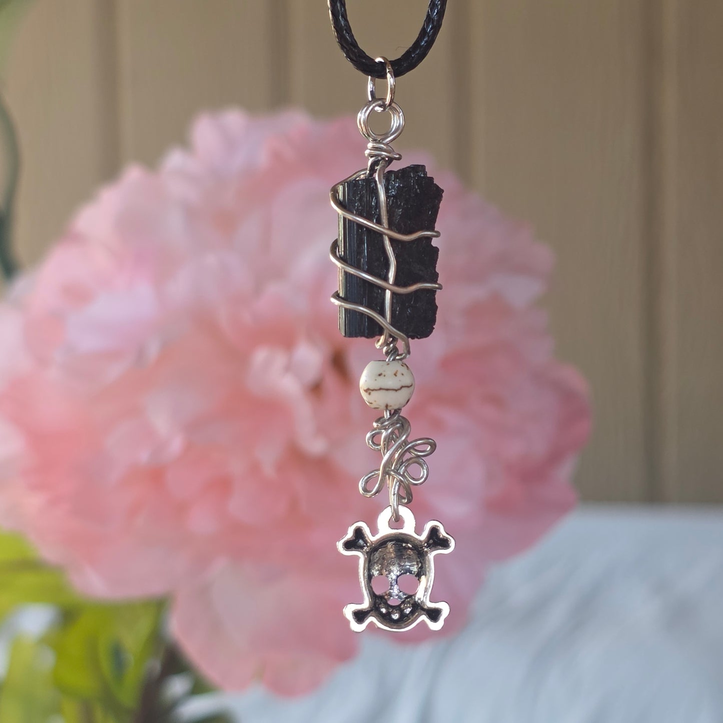 Raw Black Tourmaline Necklace with Skull Charm: Wire Wrapped Schorl Goth Emo Pendant