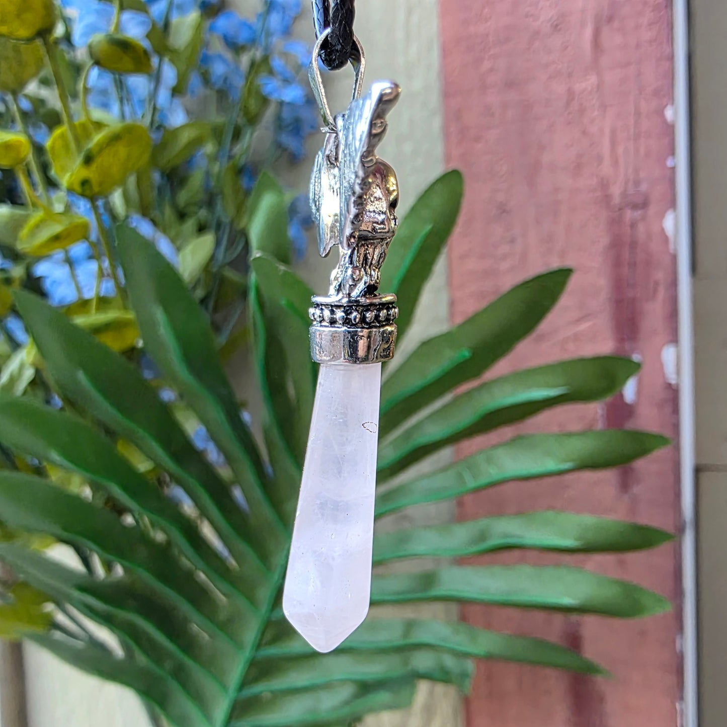 Rose Quartz Metal Winged Skull Necklace - Unisex Gemstone Crystal Pendant - Whimsical Gothic Style Jewelry