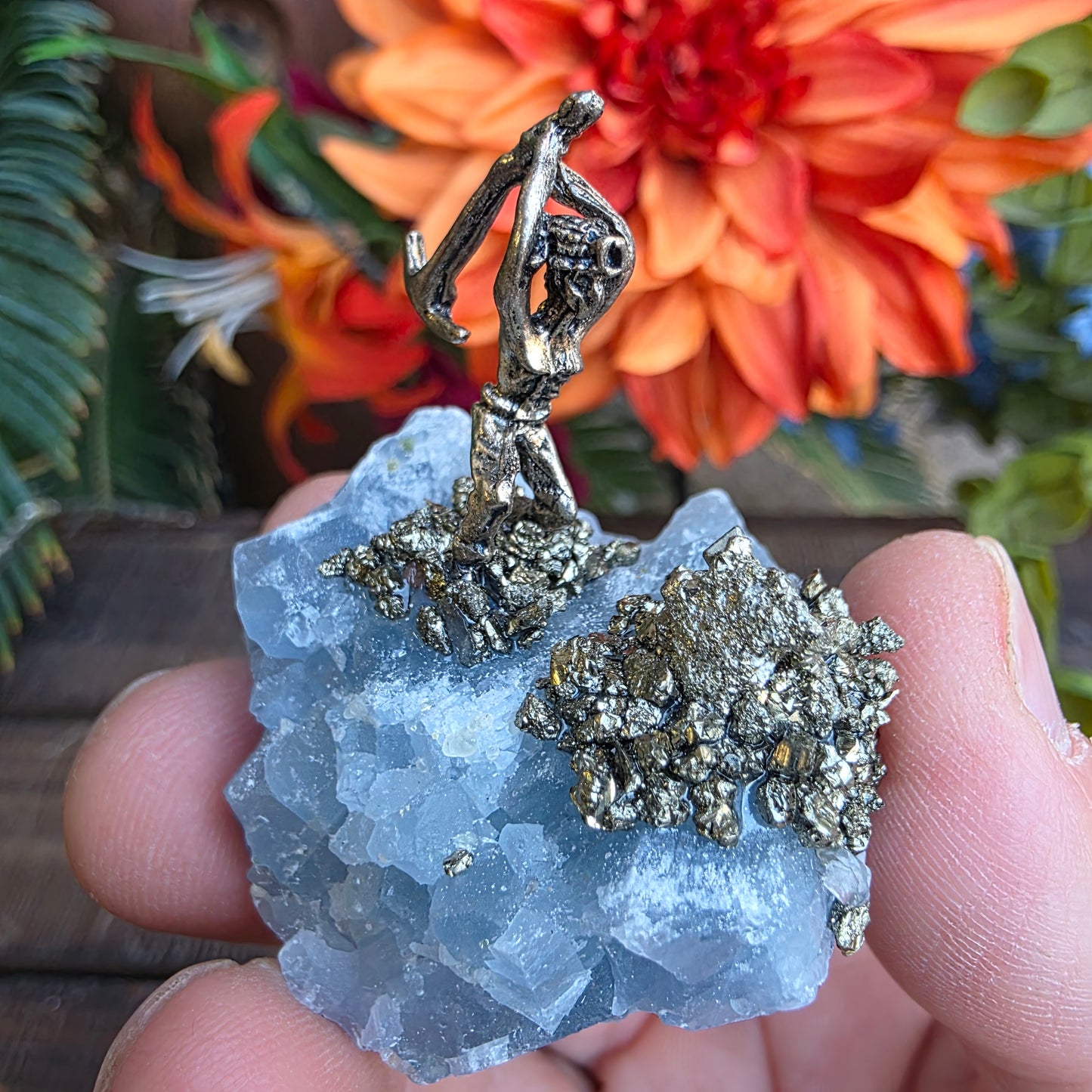 Pewter Miner Pyrite Blue Calcite Rock Specimen | Geology Gift, Rockhound Collector Item