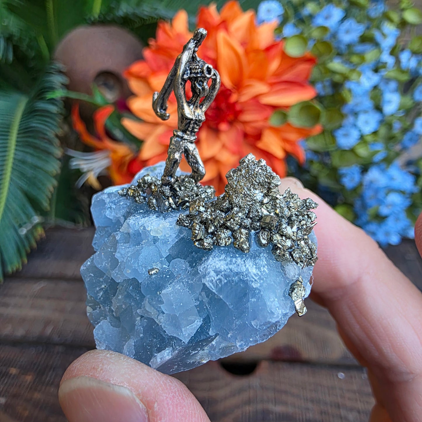Pewter Miner Pyrite Blue Calcite Rock Specimen | Geology Gift, Rockhound Collector Item