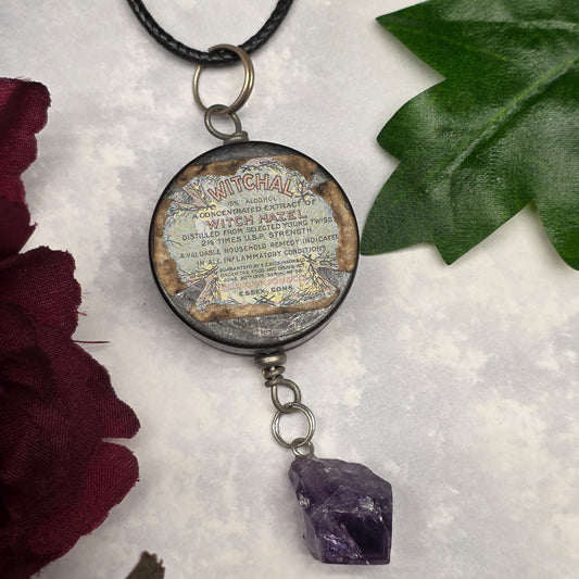 Vintage Style Locket Amethyst Necklace: Witch Hazel Label Tin Cottagecore Pendant Secret Compartment