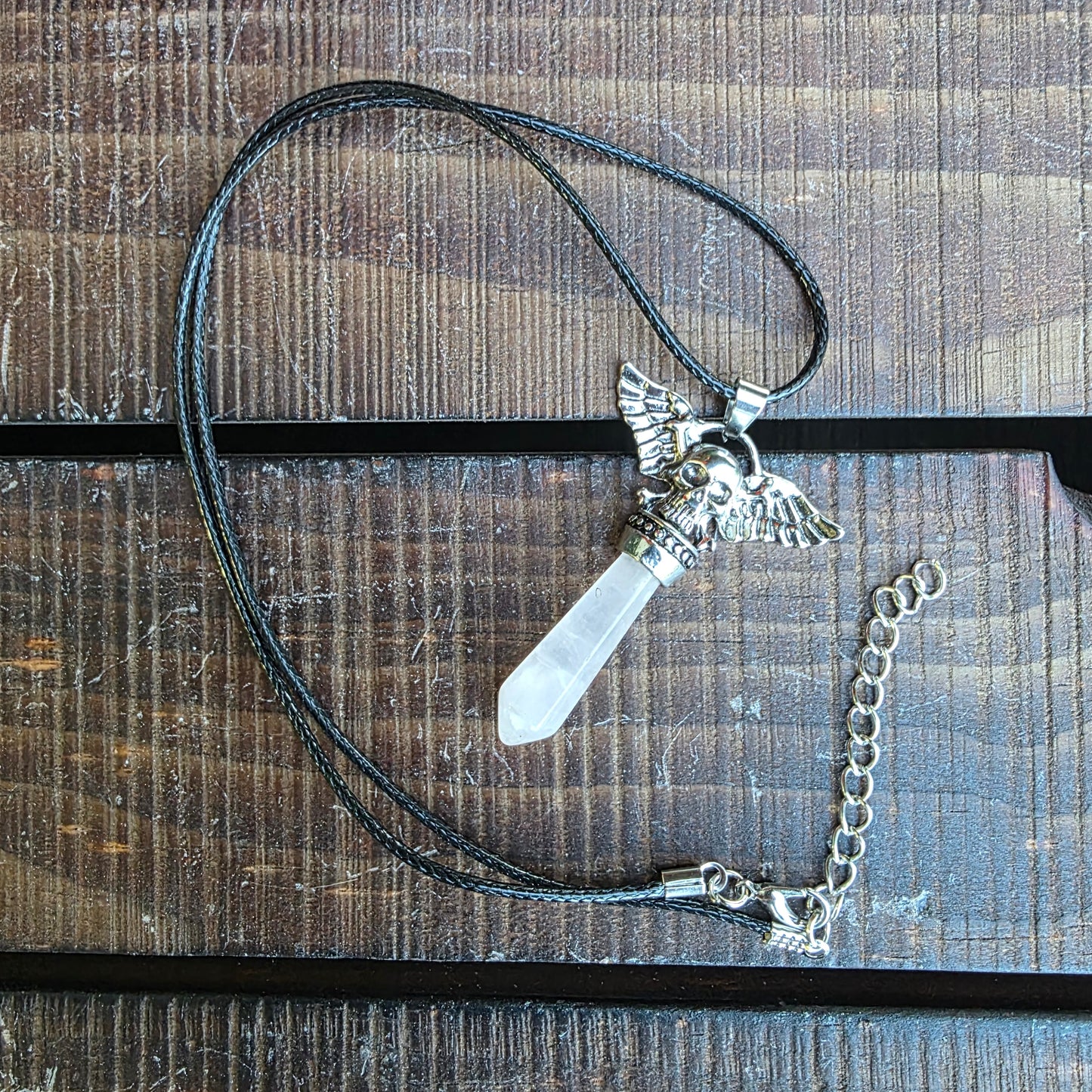 Rose Quartz Metal Winged Skull Necklace - Unisex Gemstone Crystal Pendant - Whimsical Gothic Style Jewelry