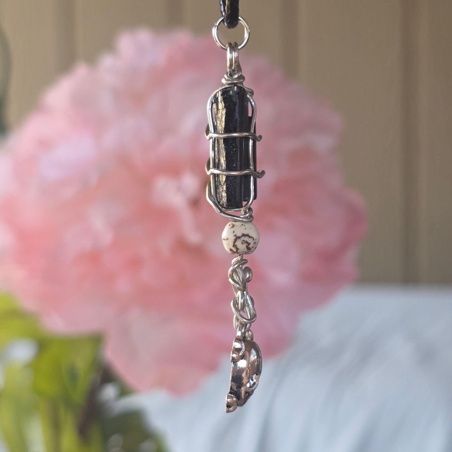 Raw Black Tourmaline Necklace with Skull Charm: Wire Wrapped Schorl Goth Emo Pendant