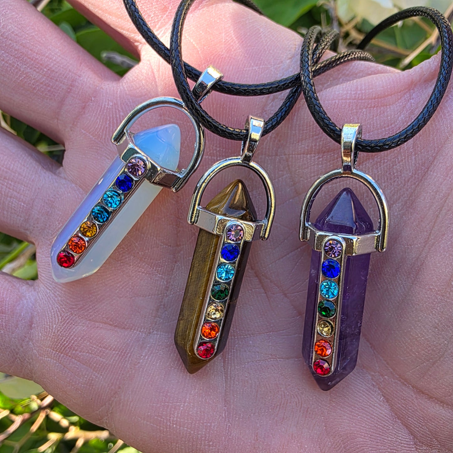 Rainbow Chakra Gemstone Necklace - Amethyst, Tiger's Eye, or Opalite Pendant